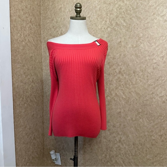 VTG Y2K 2000s Ribbed Metal Ring Cold Shoulder Off Shoulder Fitted Sweater Top - Picture 1 of 7